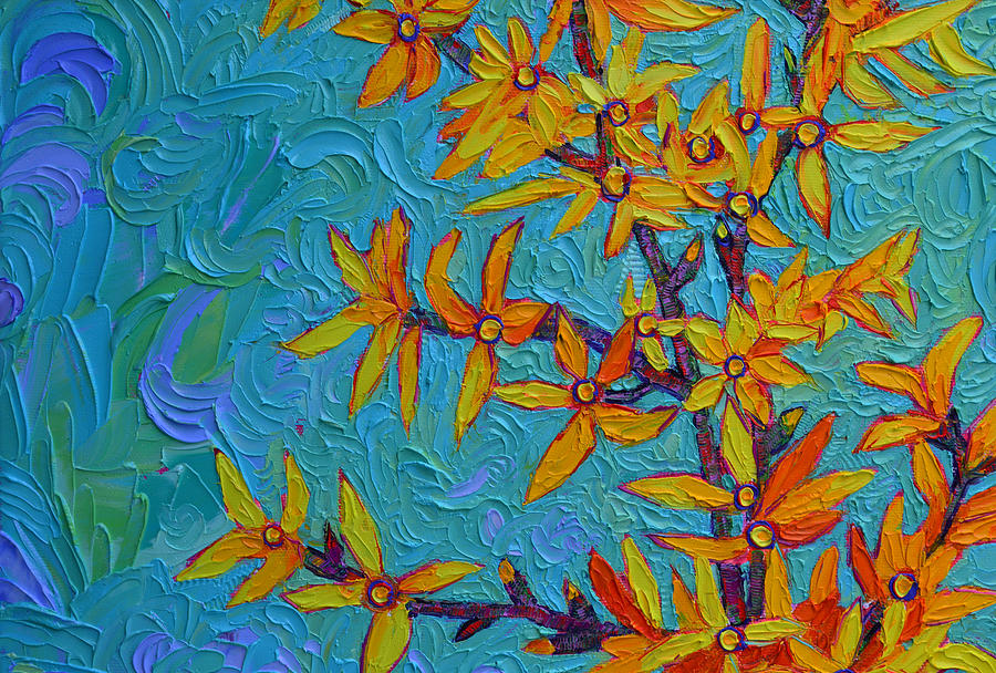 VIBRANT FORSYTHIA modern impressionism flowers impasto palette knife oil painting Ana Maria Edulescu Painting by Ana Maria Edulescu