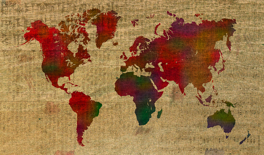 Map Mixed Media - Vibrant Map of the World in Watercolor on Old Sheet Music and Newsprint by Design Turnpike