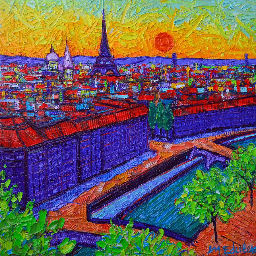 VIBRANT PARIS AT DUSK view from Notre Dame tower palette knife oil painting by Ana Maria Edulescu Painting by Ana Maria Edulescu