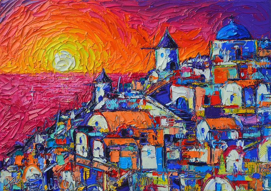 Greek Painting - ABSTRACT SANTORINI OIA SUNSET cityscape impasto palette knife oil painting by Ana Maria Edulescu by Ana Maria Edulescu