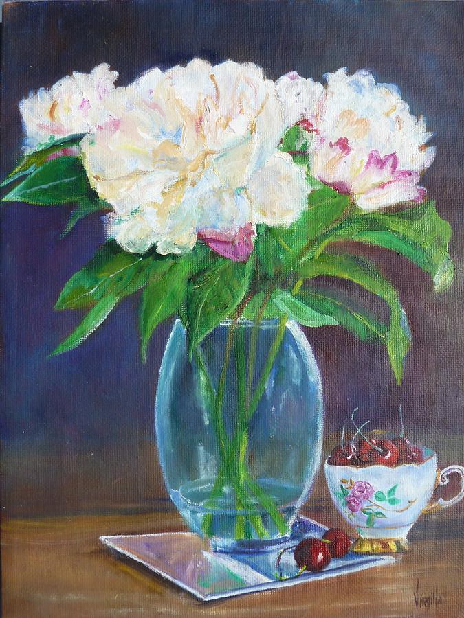 Vibrant still life paintings - Floral with Teacup and Cherries - Virgilla Art Painting by Virgilla Lammons