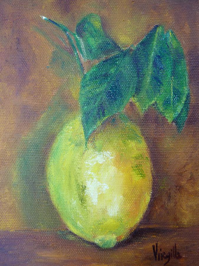 Lemon Painting - Vibrant still life paintings - Lemon with Branch - Virgilla Art by Virgilla Lammons