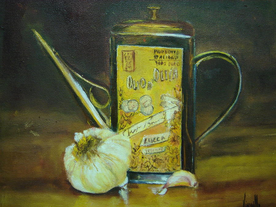 Garlic Painting - Vibrant still life paintings - Olive Oil with Garlic - Virgilla Art by Virgilla Lammons