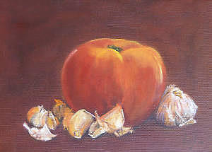 Vibrant still life paintings - Tomato with Garlic Array Painting by Virgilla Lammons