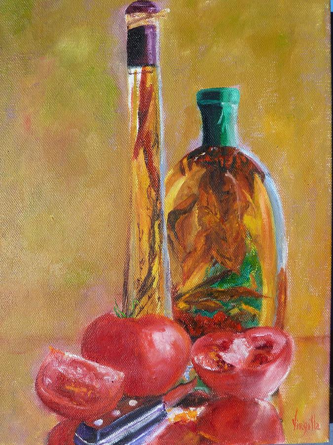 Tomato Painting - Vibrant still life Paintings Decorative Herb Bottles with Tomatoes Virgilla Art by Virgilla Lammons