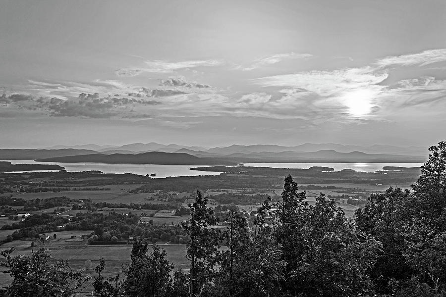 Vibrant sunset over Lake Champlain and the Adirondacks from Mount Philo Charlotte Vermont BW Photograph by Toby McGuire