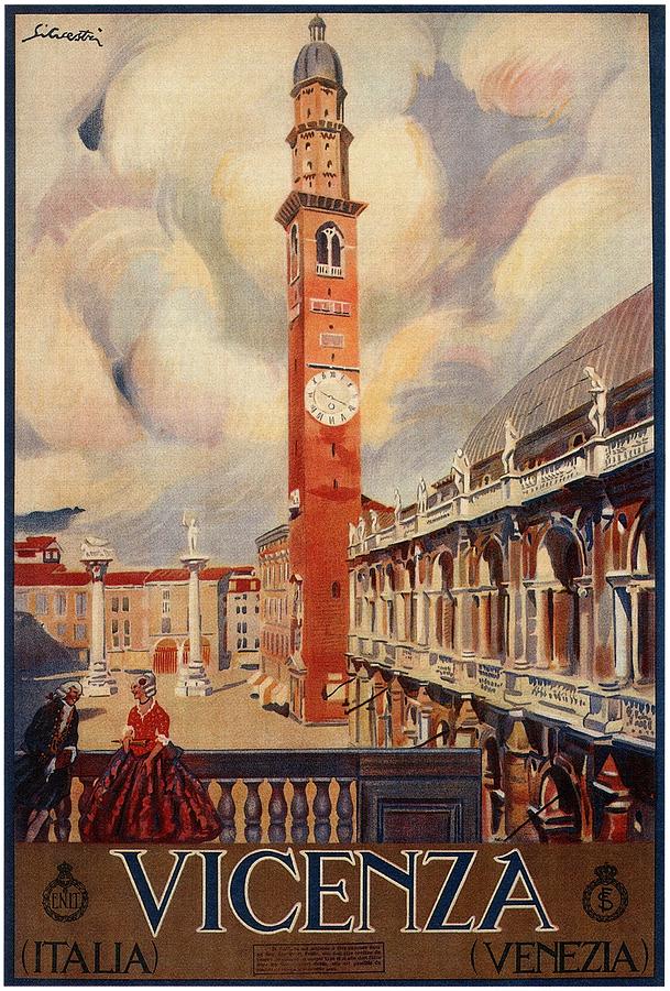 Vicenza, Italia - campanile in the Piazza dei Signori - Retro travel Poster - Vintage Poster Mixed Media by Studio Grafiikka