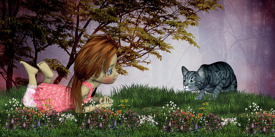 Victoria and her cat Digital Art by John Junek