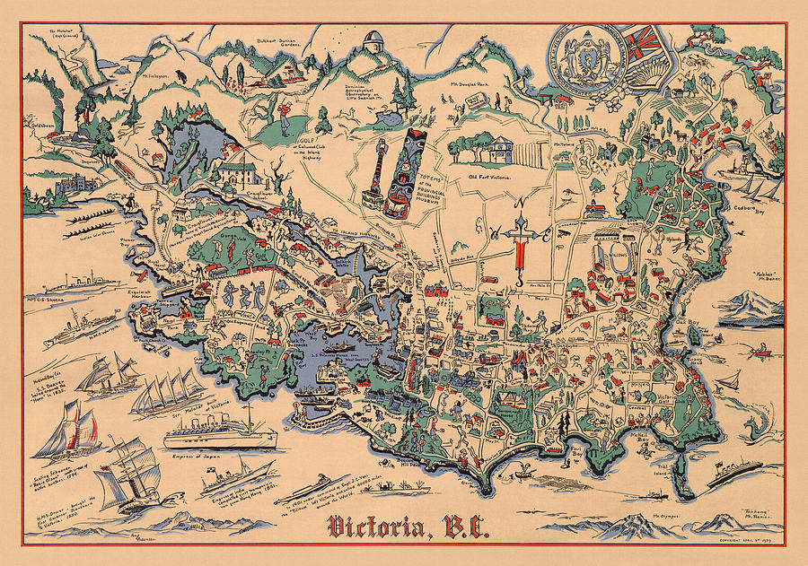 Victoria, British Columbia - Vintage Illustrated Map - Historical Map - Pictorial Map Mixed Media