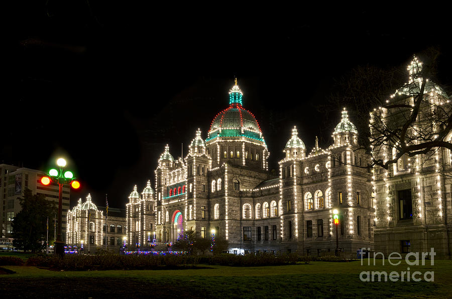 Victoria Parliament Buildings at Night at Christmas Photograph by Maria Janicki