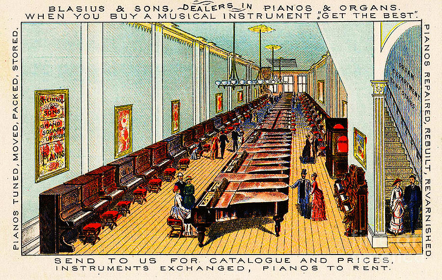 Victorian 1880s Advertisement for Blasius and Sons Piano Store Interior Philadelphia Painting by Peter Ogden
