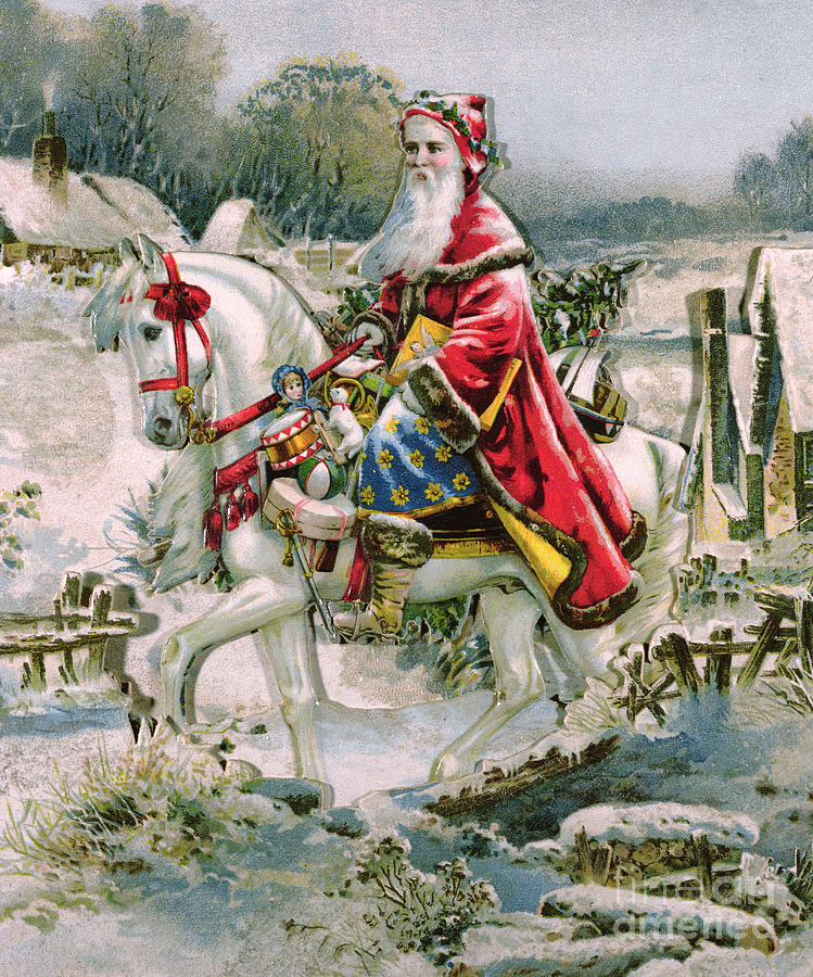 Horse Painting - Victorian Christmas Card depicting Saint Nicholas by English School