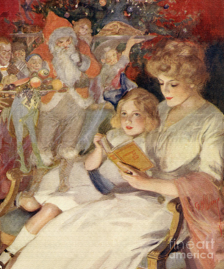 Victorian Christmas mother reads to daughter whilst Santa Claus and his helpers look on Digital Art by Vintage Collectables