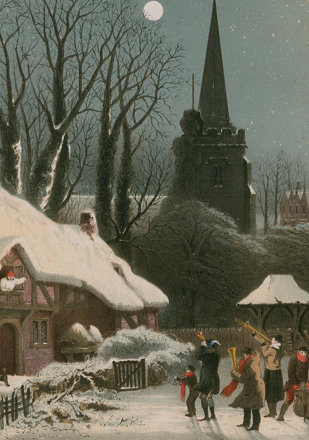 Christmas Painting - Victorian Christmas scene with band playing in the snow by John Brandard