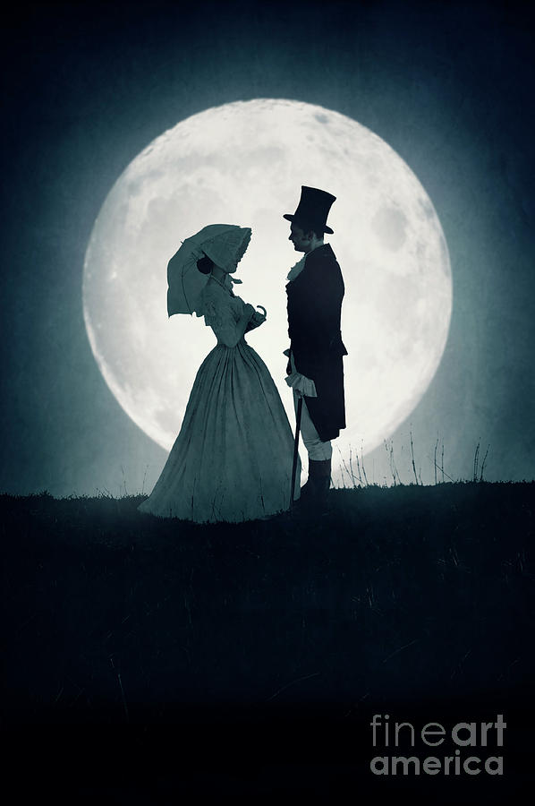 Victorian Couple In Silhouette Against A Full Moon Photograph by Lee Avison