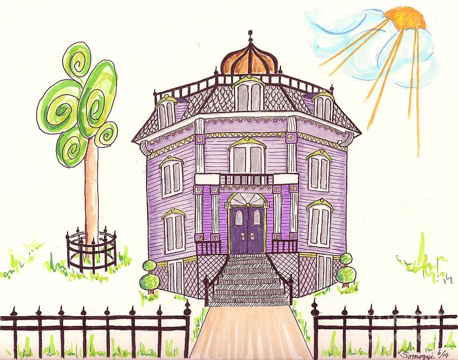 Victorian House in Lavender -- Stylized Architectural Drawing of Victorian House Drawing by Jayne Somogy