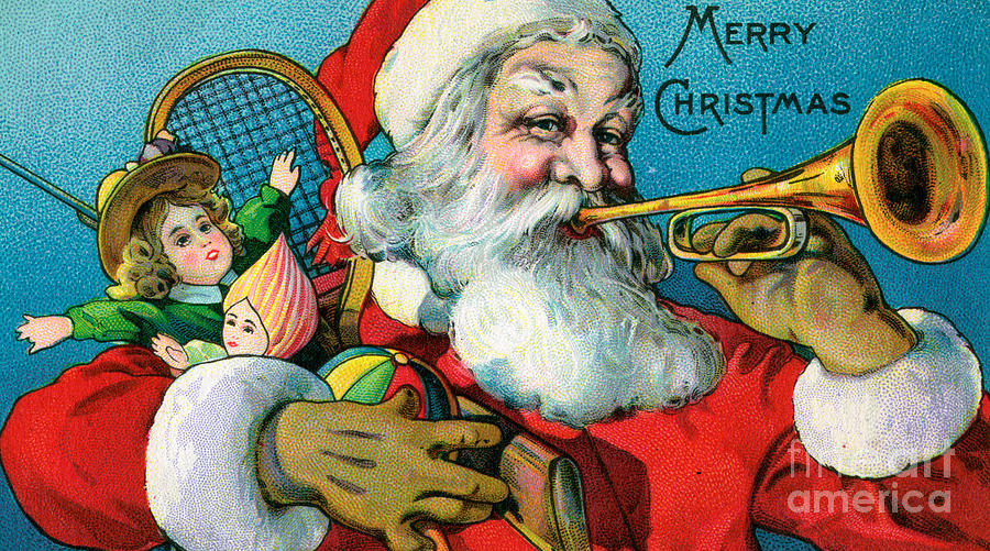 Christmas Painting - Victorian illustration of Santa Claus holding toys and blowing on a trumpet by American School