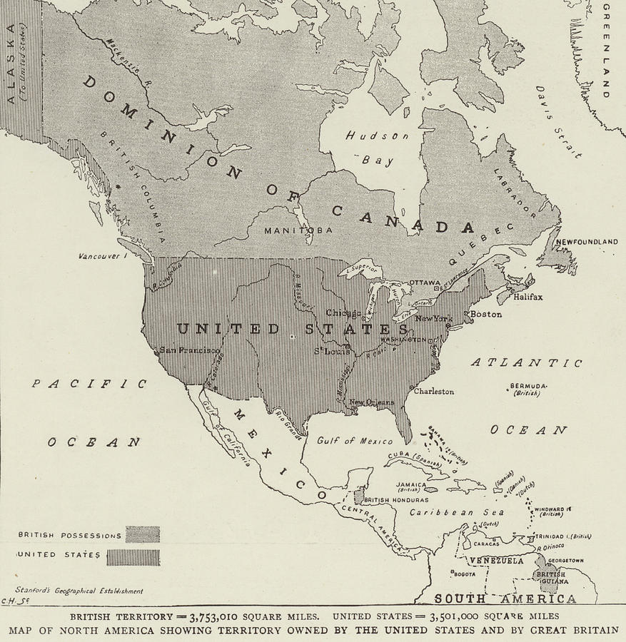 Victorian Map of North America showing Territory owned by the United