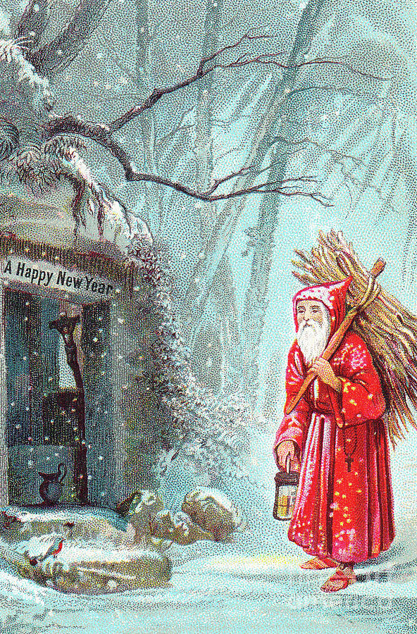 Victorian New Years card with Father Christmas carrying bundle of sticks on a snowy night Painting by English School