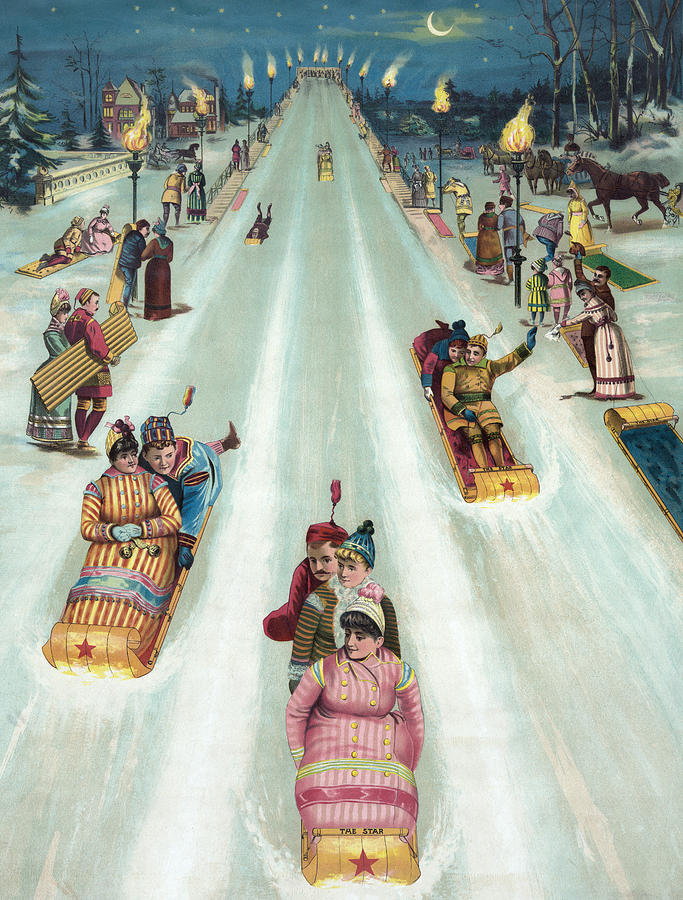 Christmas Painting - Victorian Poster of Night Sledding by American School