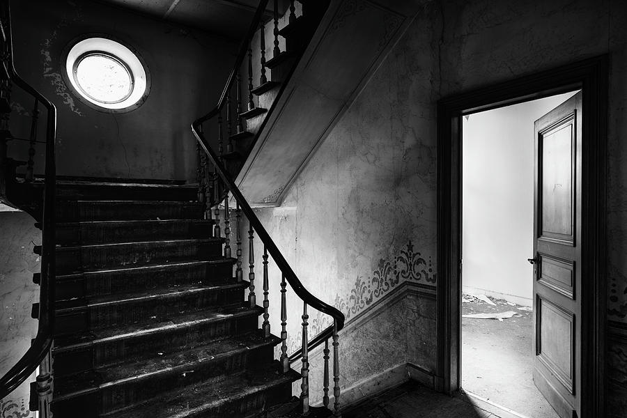 Victorian staircase - abandoned castle BW Photograph by Dirk Ercken