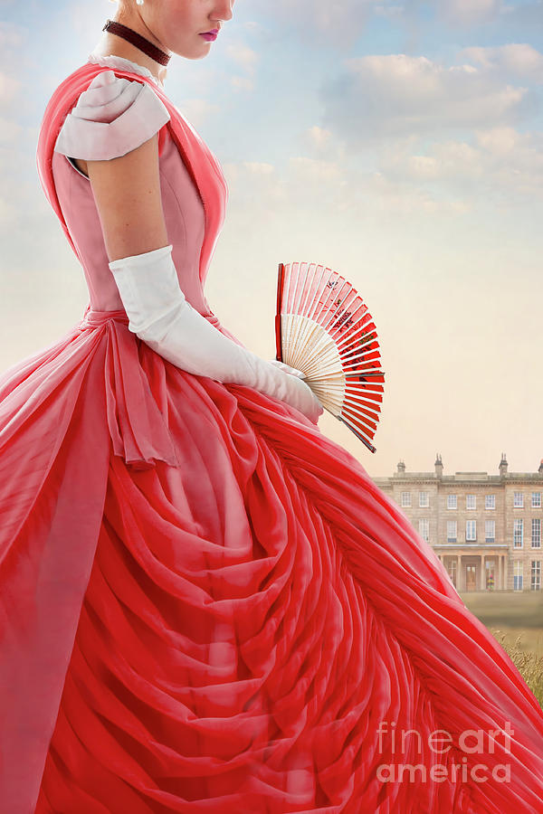Victorian Woman In A Red Dress Holding A Fan Photograph by Lee Avison
