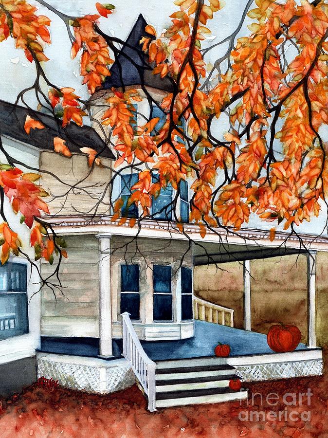 Victorias Pumpkin Porch - Halloween House Painting by Janine Riley