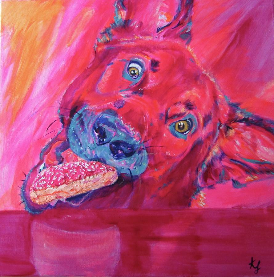 Dog gets the donut Painting by Karin McCombe Jones