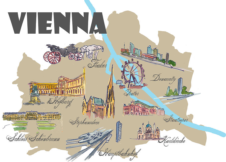 Vienna Favorite Map with touristic Top Ten Highlights Painting by M