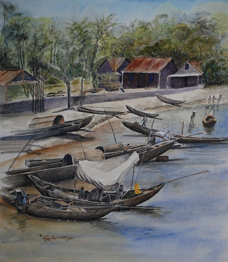 Vietnam Fishing Village - 1968 Painting by E M Sutherland
