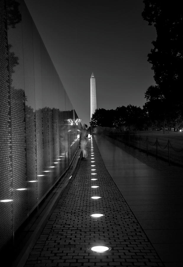Washington Monument Photograph - Vietnam Veterans Memorial At Night In Black and White by Greg and Chrystal Mimbs