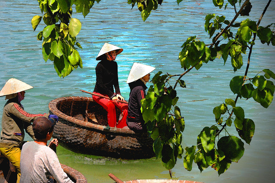 Boat Photograph - Vietnamese Fishing in Round Basket Boat by Jim Kuhlmann