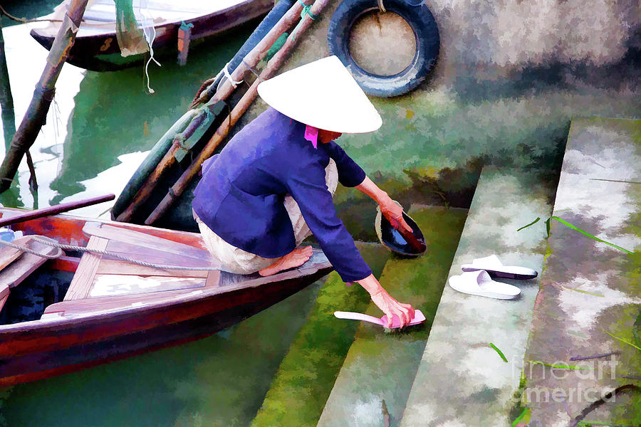 Vietnamese woman Cleaning Steps Hoi An Port  Photograph by Chuck Kuhn