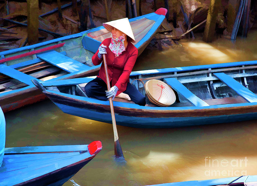 Vietnamese Woman Conical Hat Rowing Boat  Photograph by Chuck Kuhn