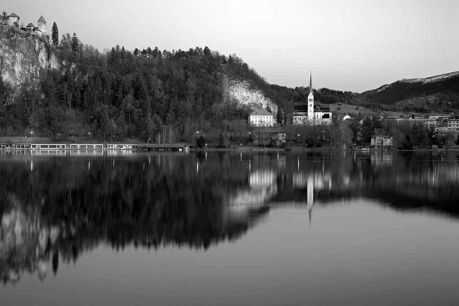 View across Lake Bled in Black and White Photograph by Ian Middleton