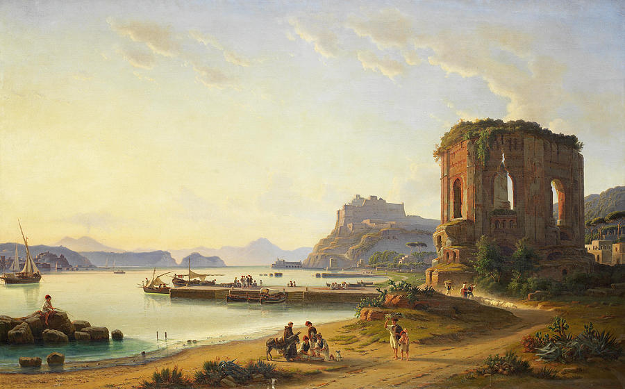 View across the Golfo di Pozzuolo with the old harbour and castle Painting by Edmund Hottenroth