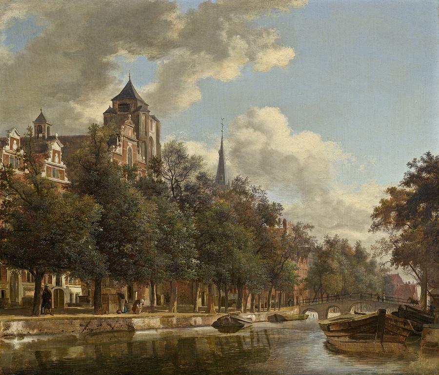 Jan Van Der Heyden Painting - View Down A Dutch Canal by Jan Van Der Heyden