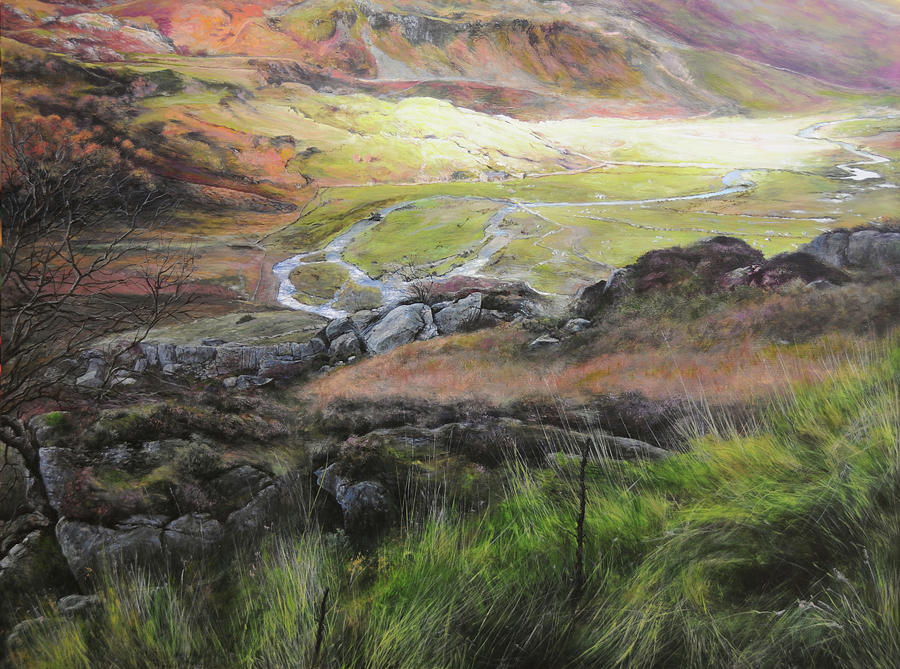 View down the valley in Snowdonia. Painting by Harry Robertson