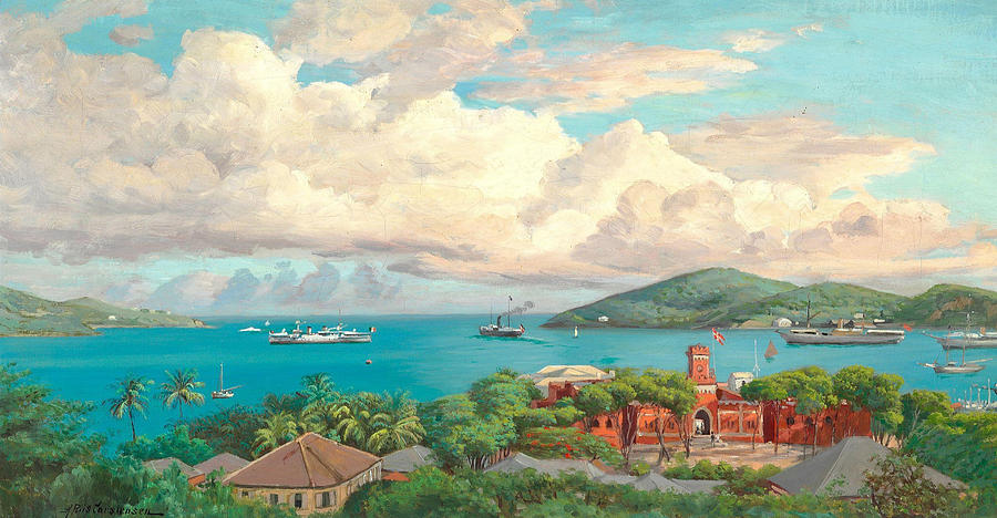 View from St. Thomas Harbour on the Virgin Islands Painting by Andreas Riis Carstensen