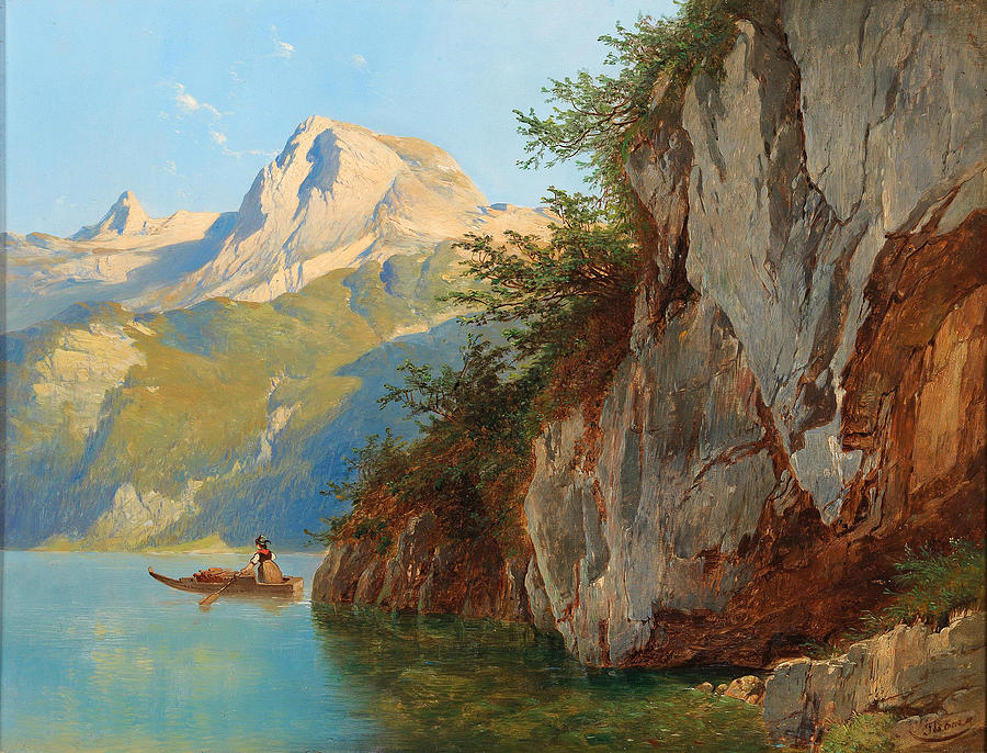 View from the Pfaffengfoll over Lake Hallstatt the Krippenstein in the background Painting by Josef Thoma