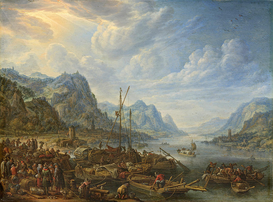 View of a River with Boat Moorings Painting by Herman Saftleven