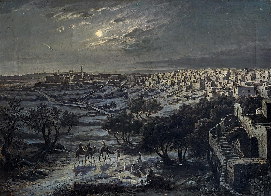 Camel Painting - View of Bethlehem at night by Josef Langl