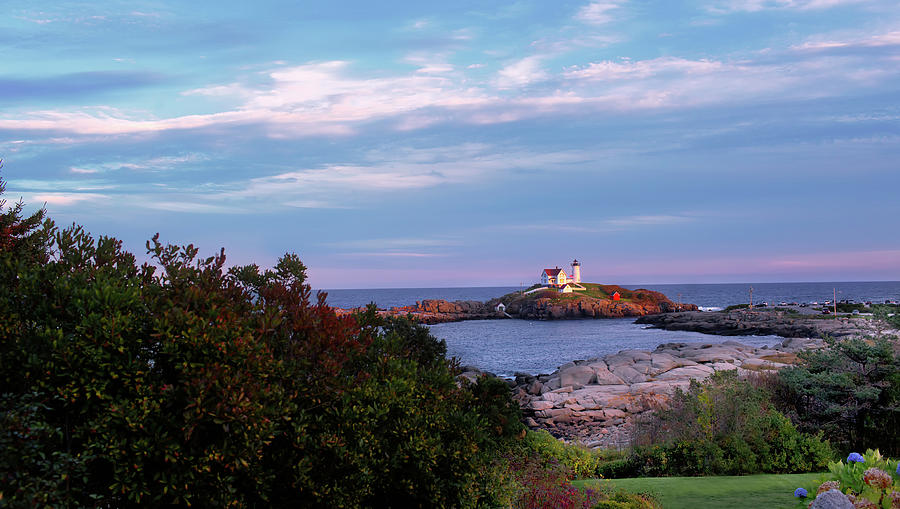 Tree Photograph - View of Cape Neddick Light at Sunset - Maine by Mountain Dreams
