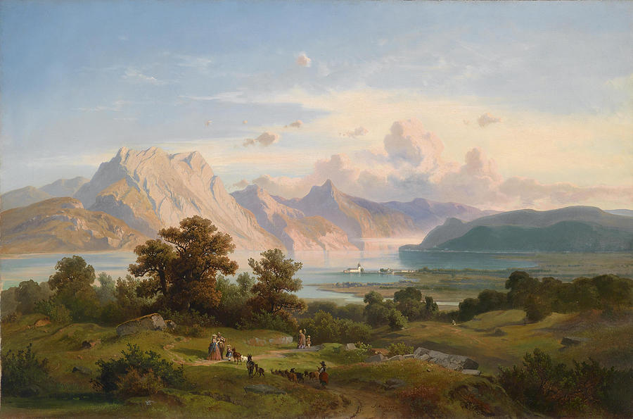 View of Castle Orth at Lake Traun Painting by Josef Mayburger