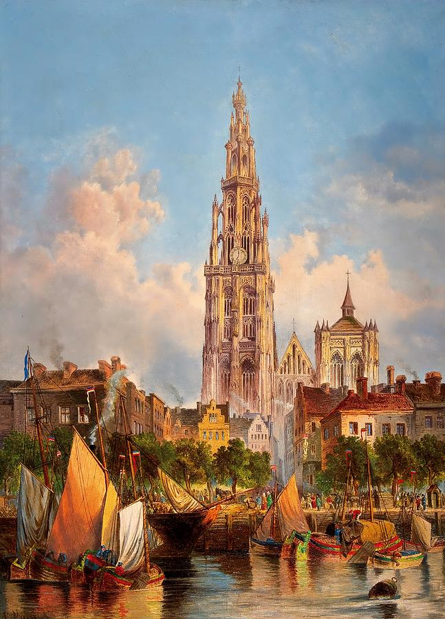 Vintage Painting - View of Cathedral of Our Lady in Antwerp by Mountain Dreams