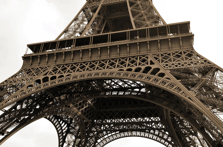 View of Eiffel Tower First Floor Deck Paris France Sepia Photograph by Shawn OBrien