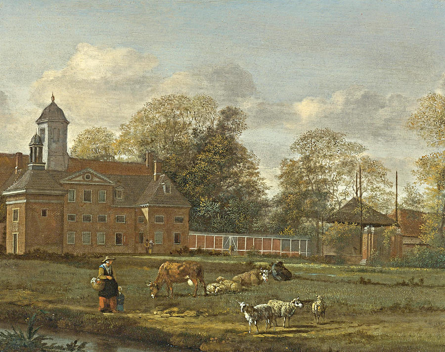 View of Goudestein with a Woman and Child walking beside a Dyke Painting by Jan van der Heyden