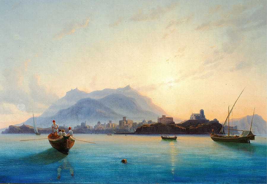 View of Italy with fishermen in their boats off the coast Painting by Edmund Hottenroth