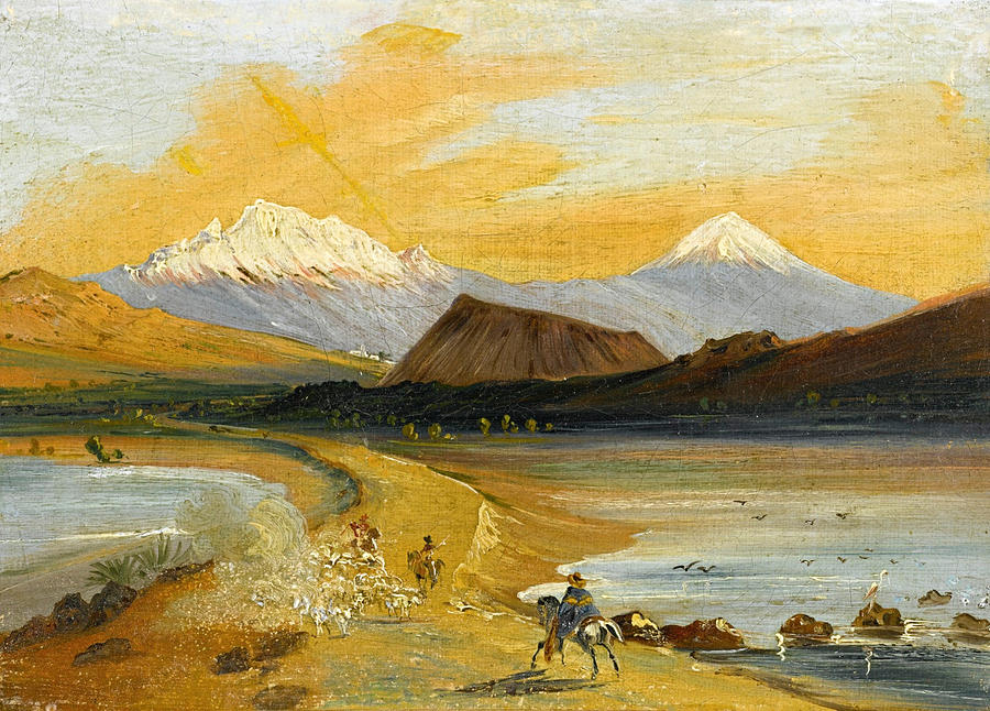 View of Itztaccihuatl and  Popocatepetl seen from the Valley of Mexico Painting by Johann Moritz Rugendas