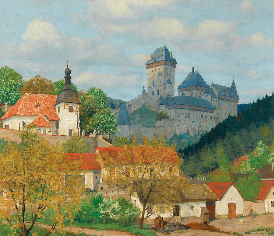 View of Karlstejn Castle near Prague Painting by Tavik Frantisek Simon